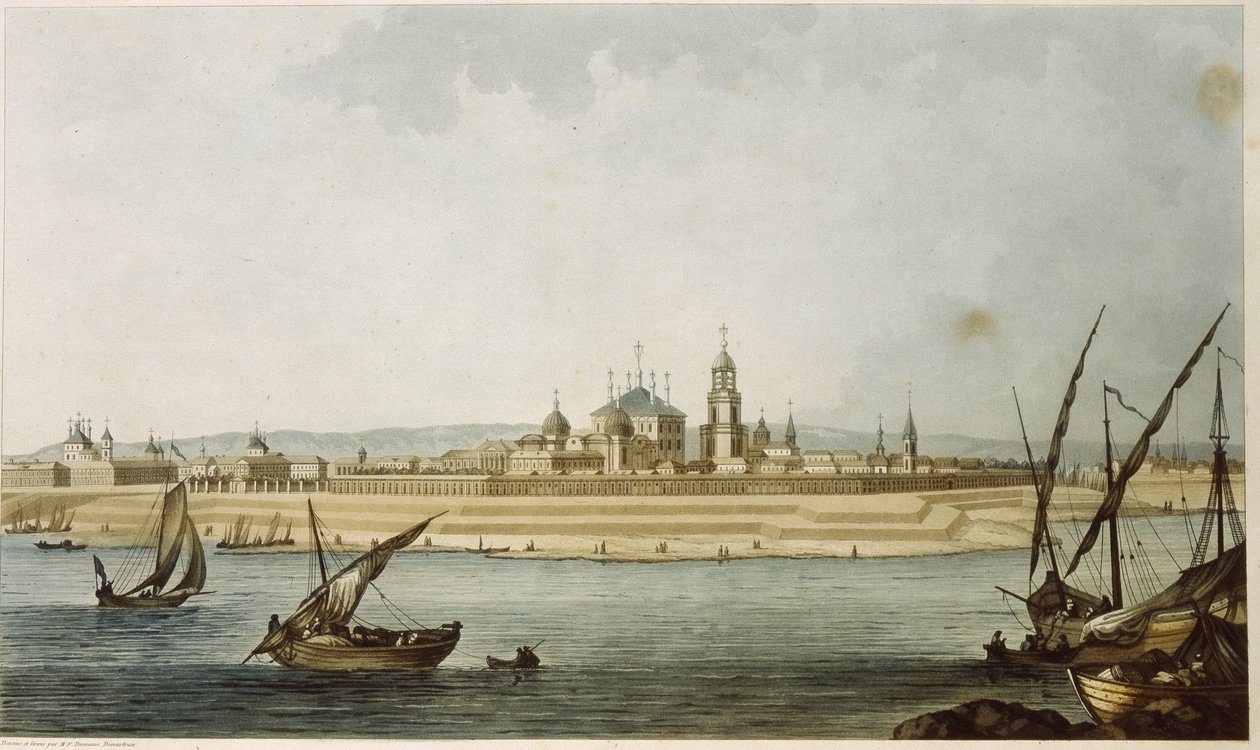 Tver (Ryssland). (från 1931 till 1991 hette staden Kalinin). Beskrivning av den neoklassiska staden, som den återuppbyggdes efter att den förstördes av brand 1763, samt aktiviteterna på Volga, som gränsar till staden. Verk av Michel Fr av Michel Francois Damam Demartrait