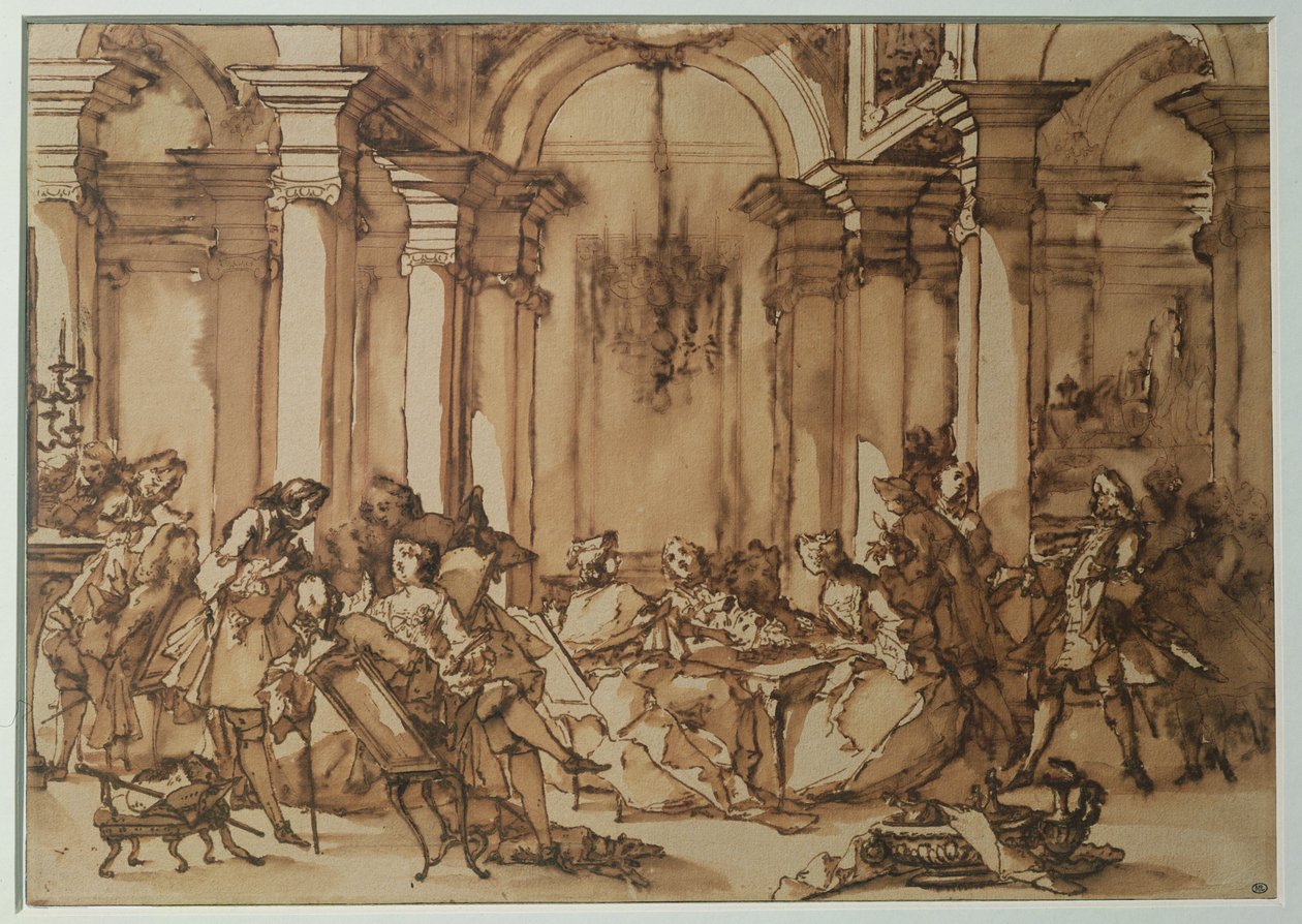 En litterär salong på 1700-talet (penna- och sepiatvätt på papper) av Michel Francois Dandre Bardon