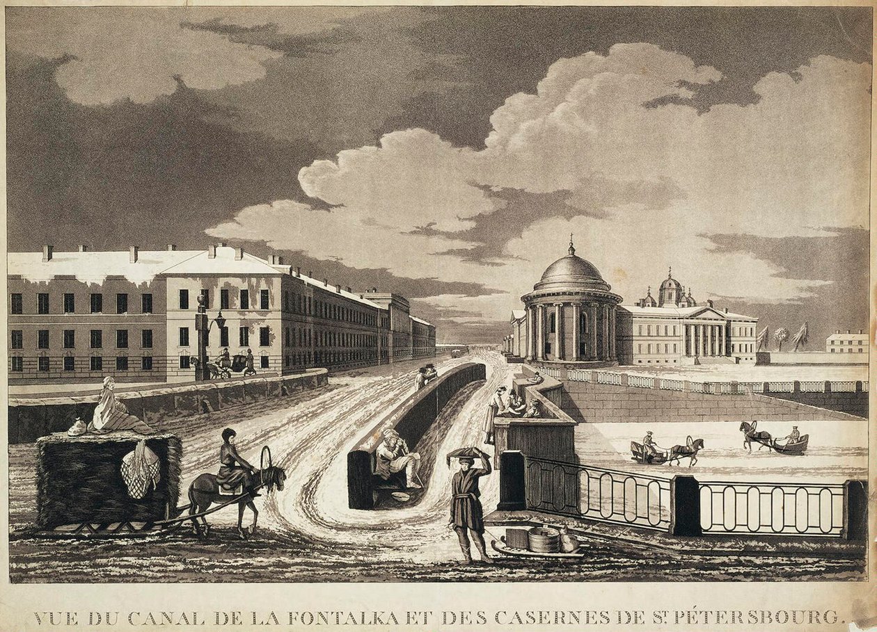 Utsikt över Izmailovsky-bron och baracker över Fontanka-floden, sent 1700-tal. av Michel François Damame Demartrais