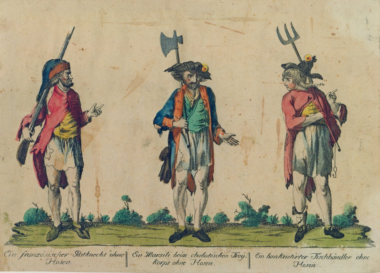 En fransk posttjänsteman utan byxor, en Marsili i Freikorps utan byxor och en Bankrutirter fiskhandlare utan byxor, 1793 (färgad etsning) av Michel Hennin