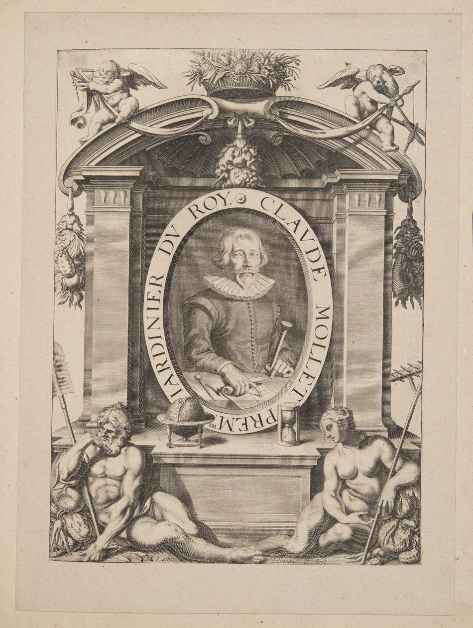 Claude Mollet, förste trädgårdsmästare av Roy, från Theatre des Plans et Jardinages, pub.1652 (gravyr) av Michel Lasne