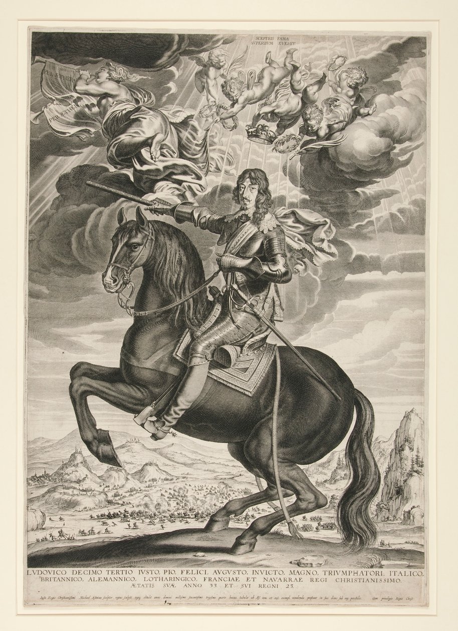 Ridsporträtt av Ludvig XIII (Bourbon) (1601-1603) vid 33 års ålder. Landskapet är efter Callot av Michel Lasne
