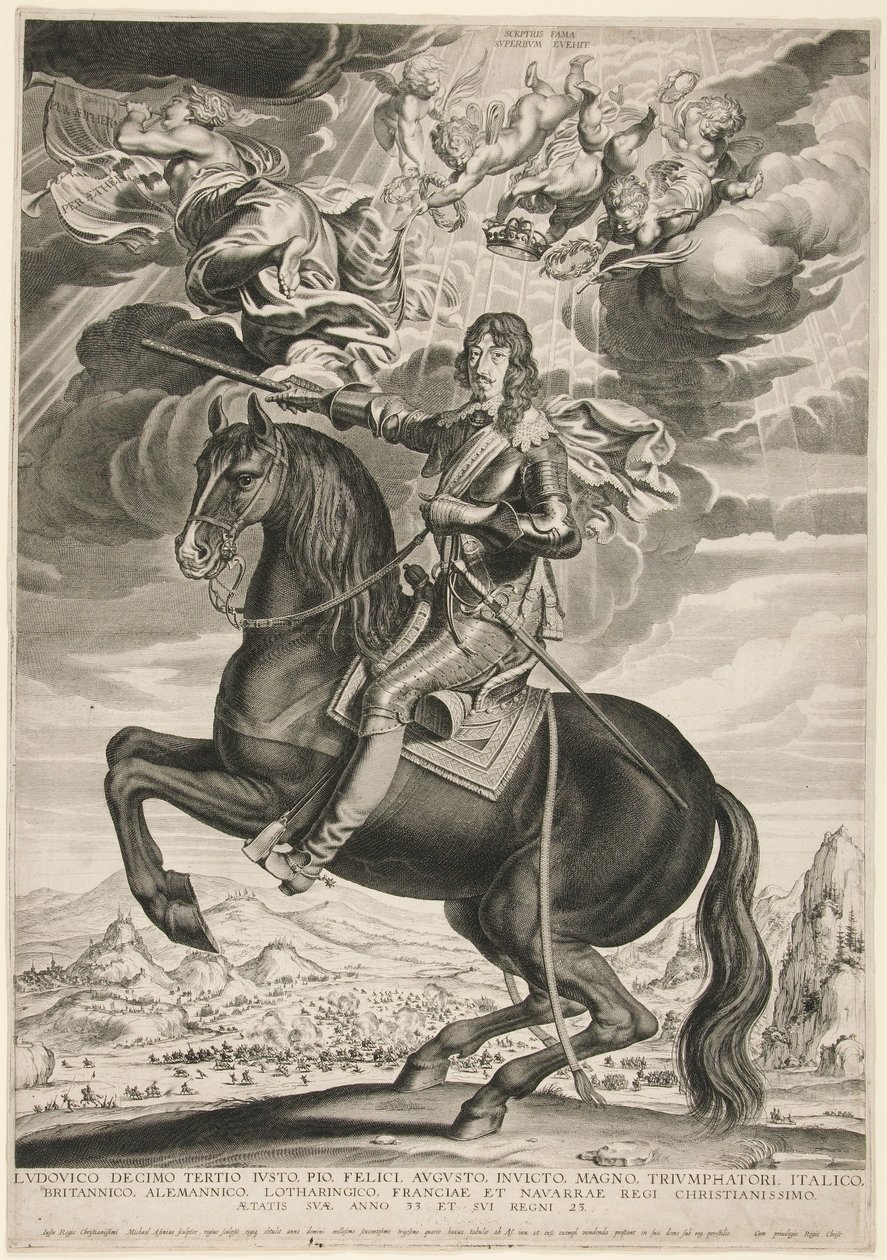 Ryttarporträtt av Ludvig XIII (Bourbon) (1601-1603) vid 33 års ålder. Landskapet är efter Callot av Michel Lasne