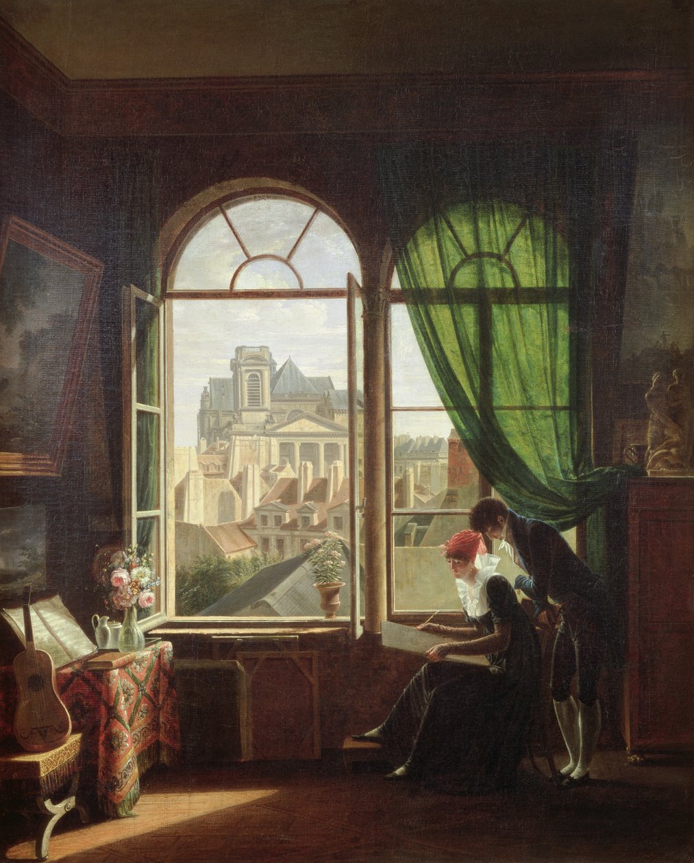 Utsikt över Saint-Eustache-kyrkan från ett hus på Rue Platriere eller konstnärens interiör, ca 1810 av Michel Martin Drolling