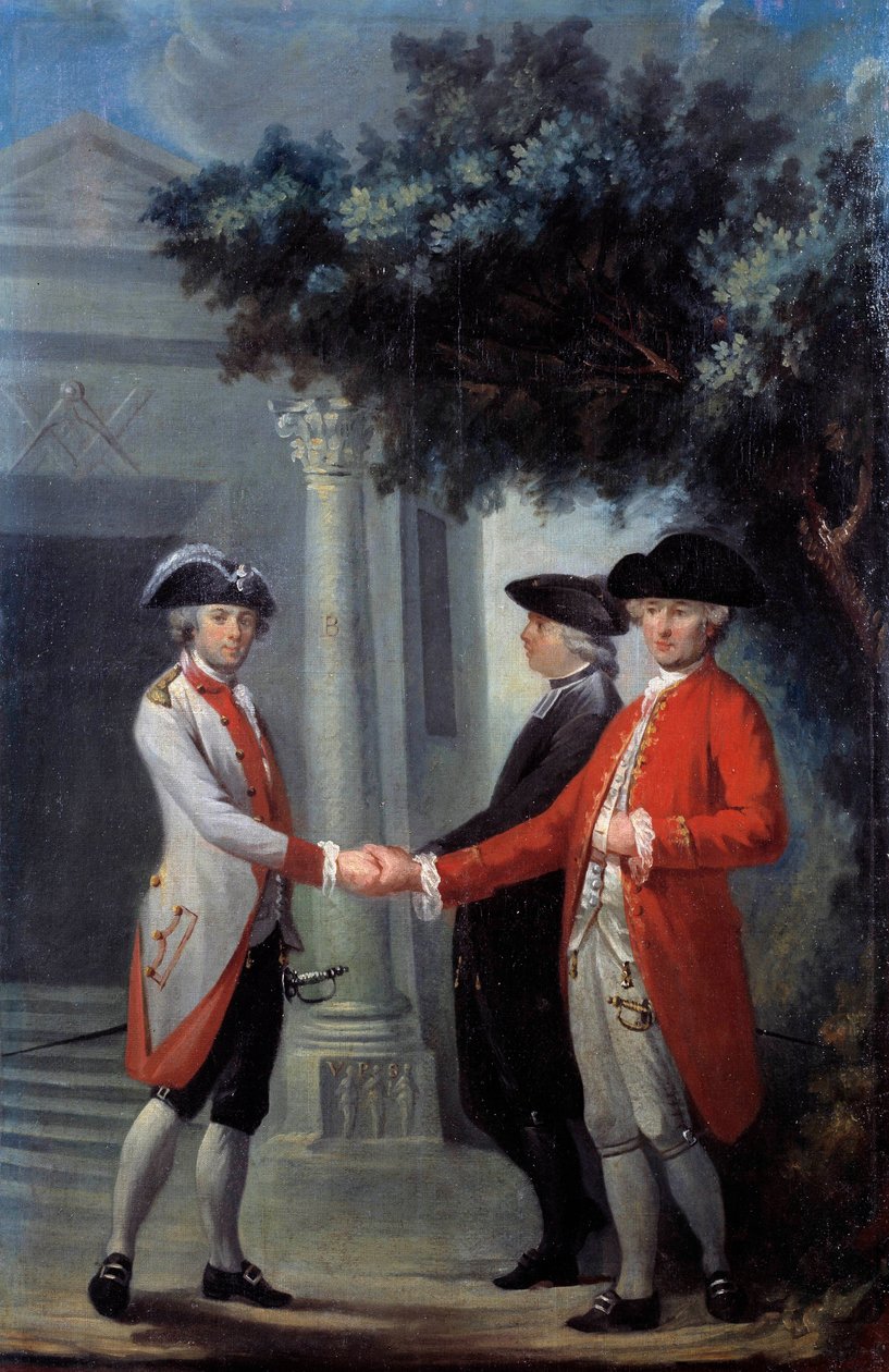 Franska revolutionen: "The Union of Three Orders"". Representation av deputerade för prästen, noblessen och tredje staten (tredje staten). Symbolen för den fria makoneriet är representerad till vänster. Målning av Michel-Nicolas (Michel Nicolas) Perseval ( av Michel Nicolas Perseval