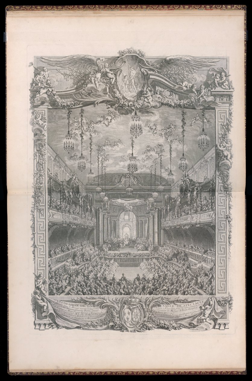 Utsmyckning av auditoriet, byggt i den täckta ridskolan i det stora stallet i Versailles, för framförandet av prinsessan av Navarra Comedy Ballet, som ges i samband med Louis Dauphins äktenskap med Marie Thérèse Infante d. av Michel de Bonneval