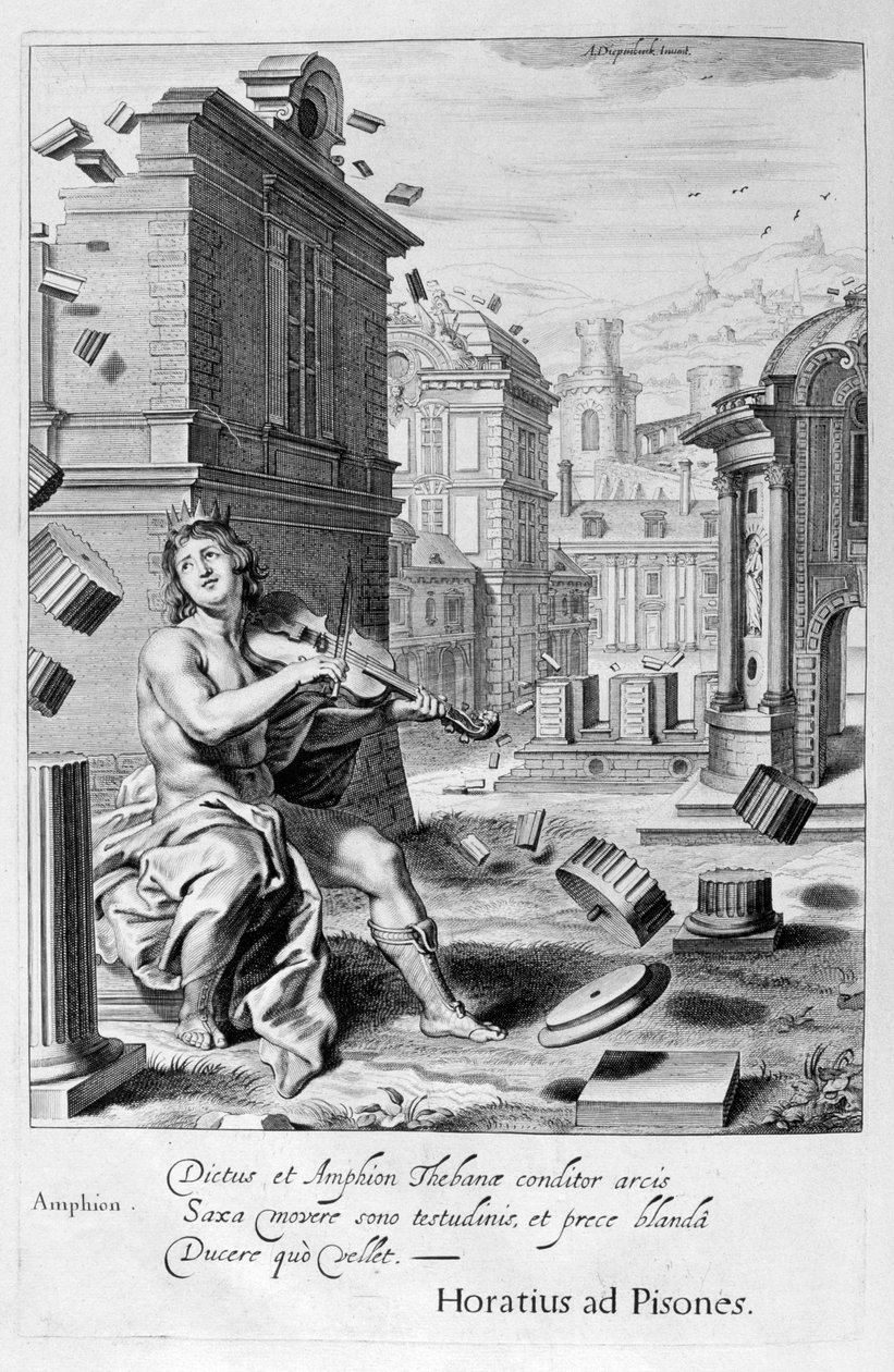 Amphion bygger Thebes murar med musiken från sin violin, 1655 av Michel de Marolles