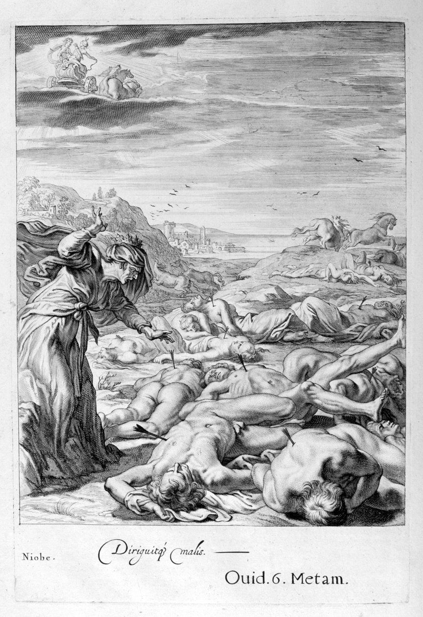 Apollo och Diana dödar Niobes barn med sina pilar: hon förvandlas till sten, 1655 av Michel de Marolles