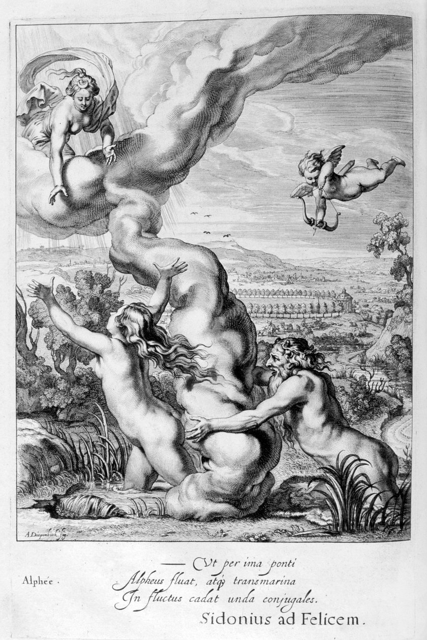 Arethusa förföljd av Alpheus och förvandlad till en fontän, 1655 av Michel de Marolles