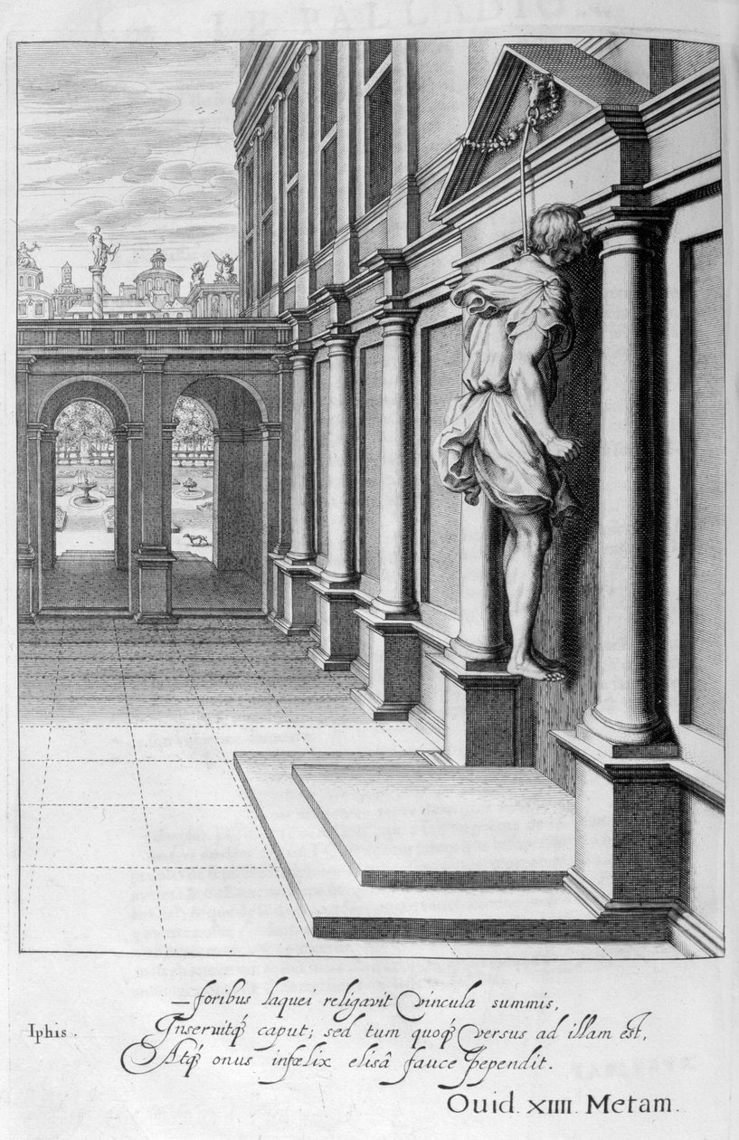 Iphis hänger sig själv i förtvivlan över att han inte kunde vinna Anaxarete, 1655 av Michel de Marolles