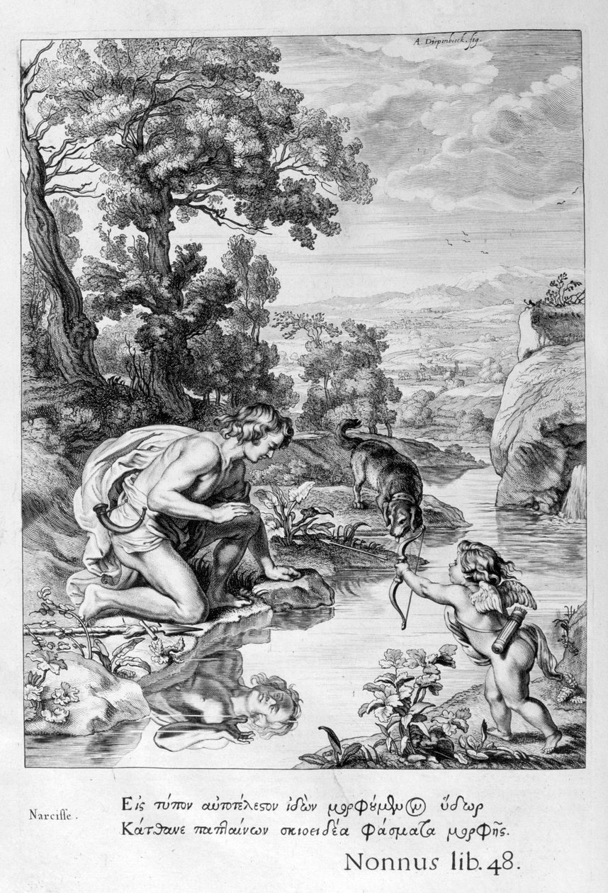 Narcissus förälskad i sin egen reflektion, 1655 av Michel de Marolles