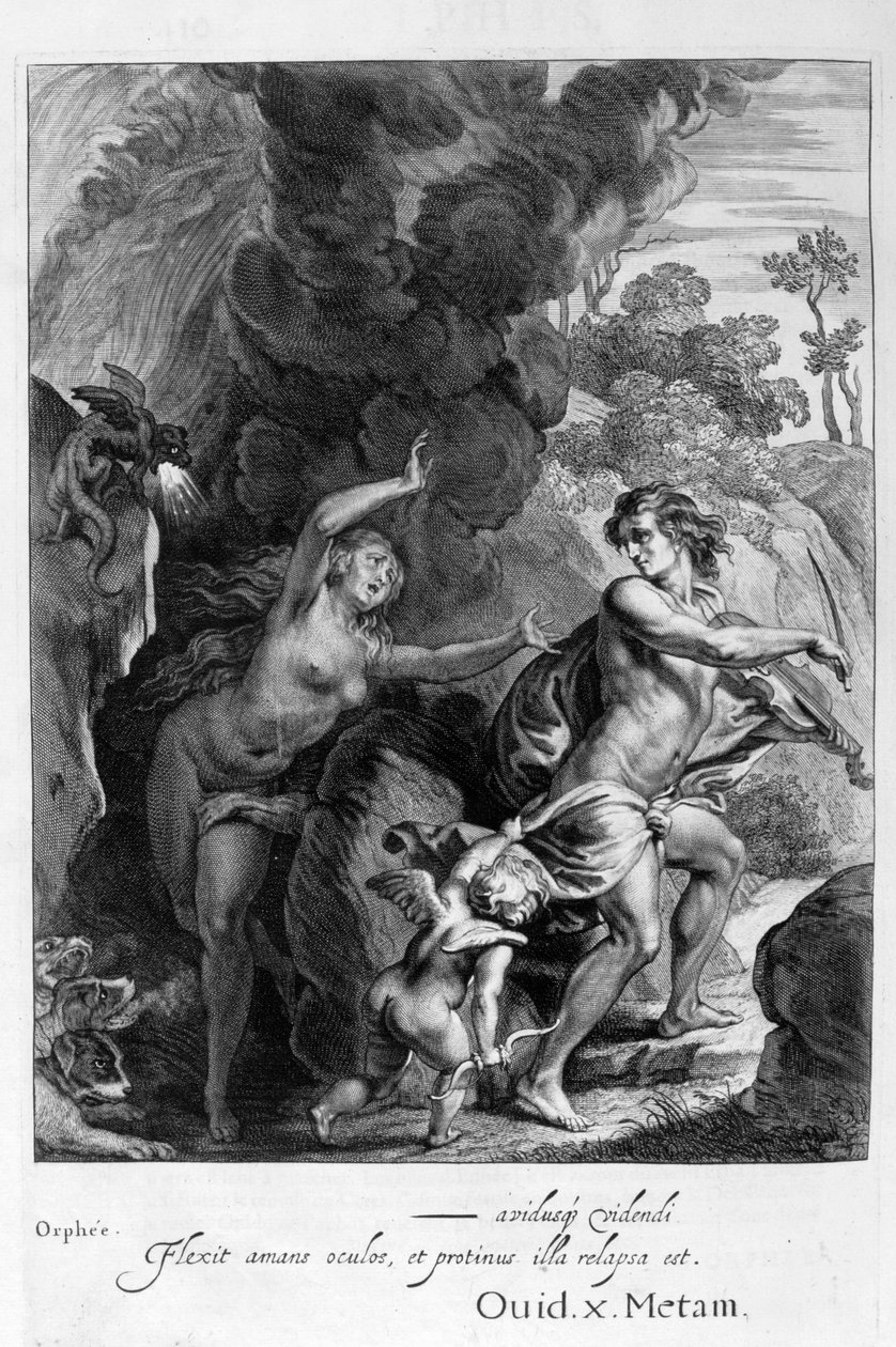 Orfeus, som leder Eurydike ut ur helvetet, ser tillbaka på henne och förlorar henne för alltid, 1655 av Michel de Marolles