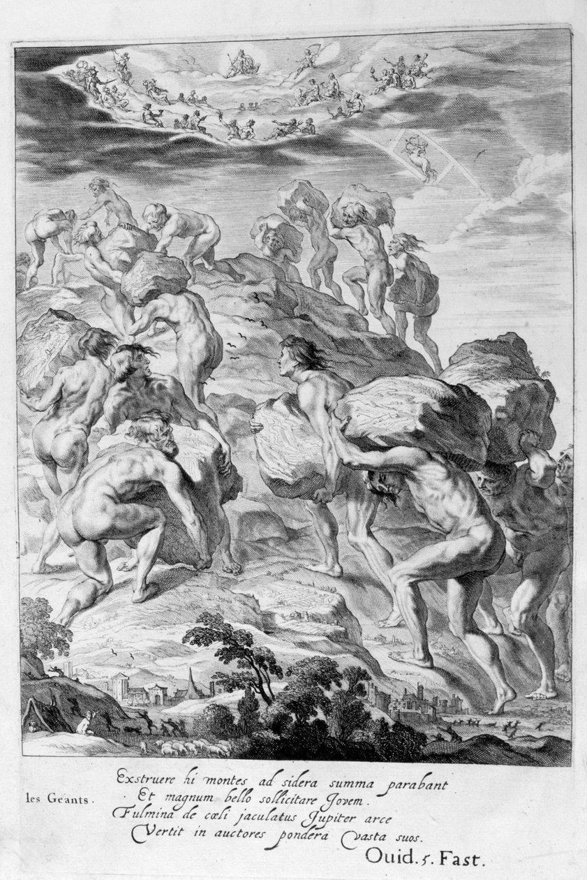 Jättarna försöker ta sig till himlen genom att stapla berg på varandra, 1655 av Michel de Marolles
