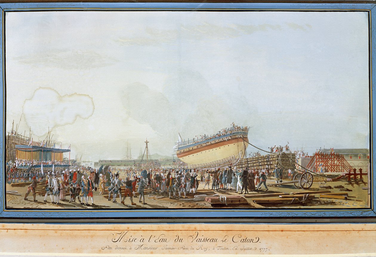 Sjösättningen av fartyget Le Caton i hamnen i Toulon i närvaro av greven av Provence i juli 1777 (Gouache av Michel de Toulon