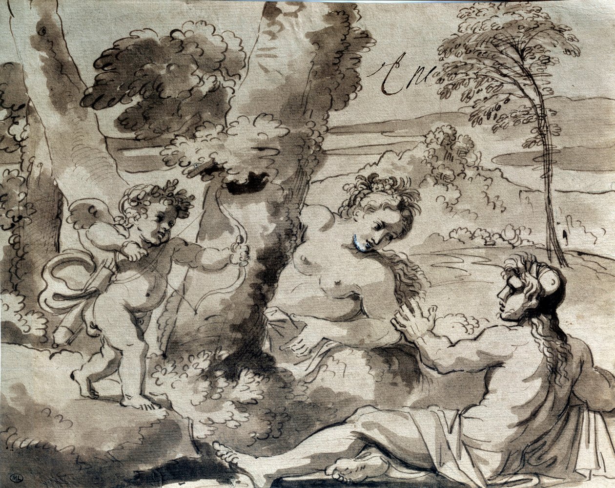Kärlek, en herde och en nymf. Teckning av Michel Corneille (1642-1708) av Michel des Gobelins Corneille