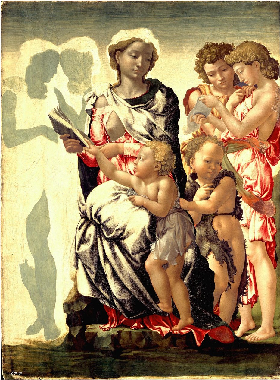 Jungfru och barn med Saint John och Angels ("Manchester Madonna") av Michelangelo Buonarroti