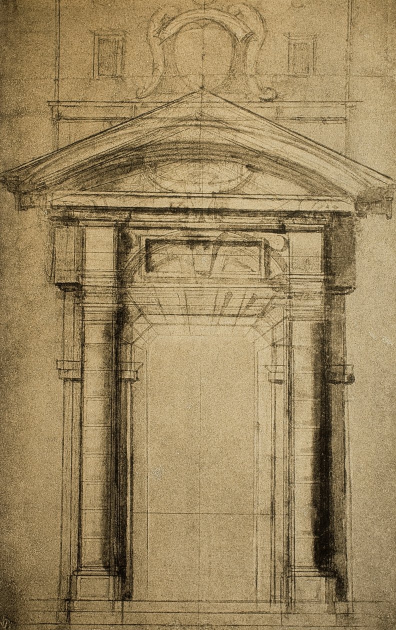 Arkitektonisk skiss av en dörr med ett vapen; teckning av Michelangelo. Casa Buonarroti, Florens av Michelangelo Buonarroti