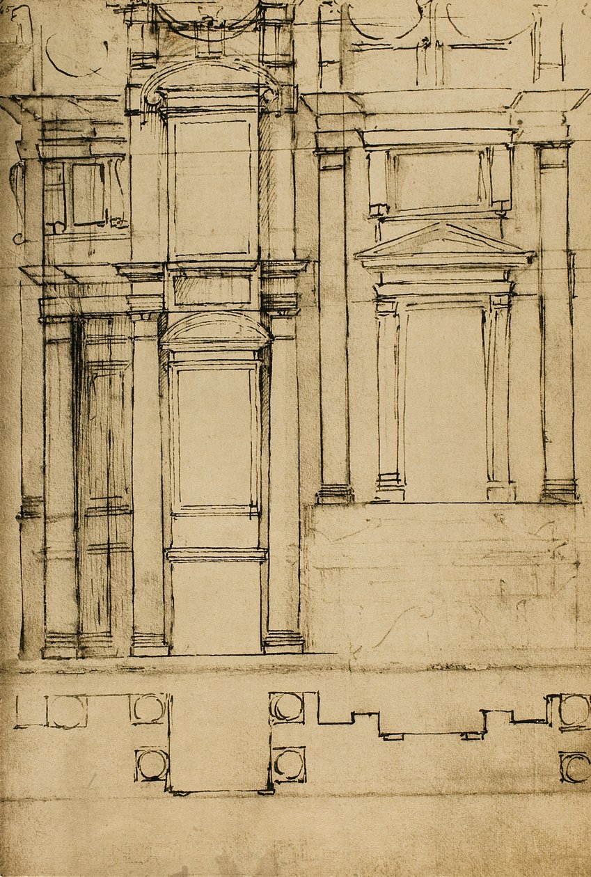 Arkitektonisk studie för Medici-kapellen i basilikan San Lorenzo; teckning av Michelangelo. Casa Buonarroti, Florens av Michelangelo Buonarroti