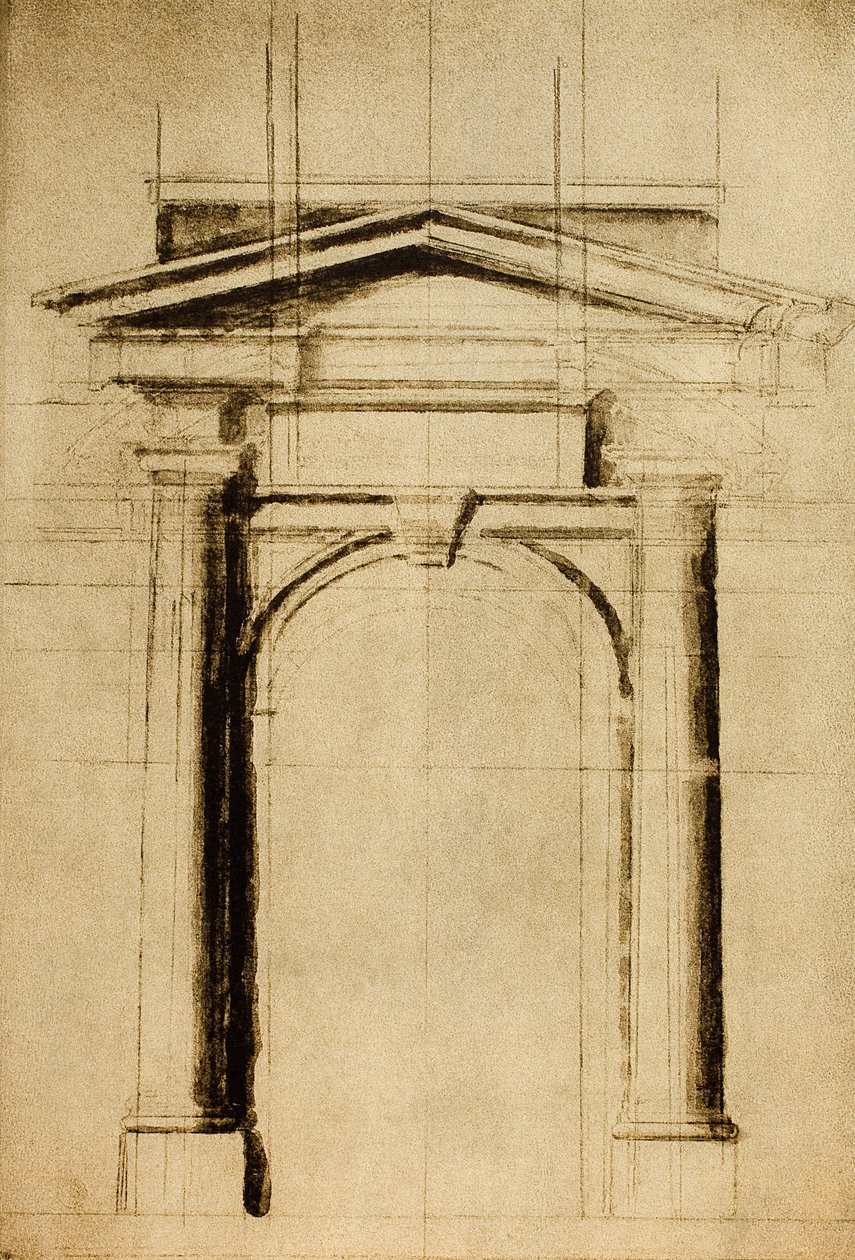 Arkitektonisk studie av en dörr med en triangulär tympanon; teckning av Michelangelo. Casa Buonarroti, Florens av Michelangelo Buonarroti
