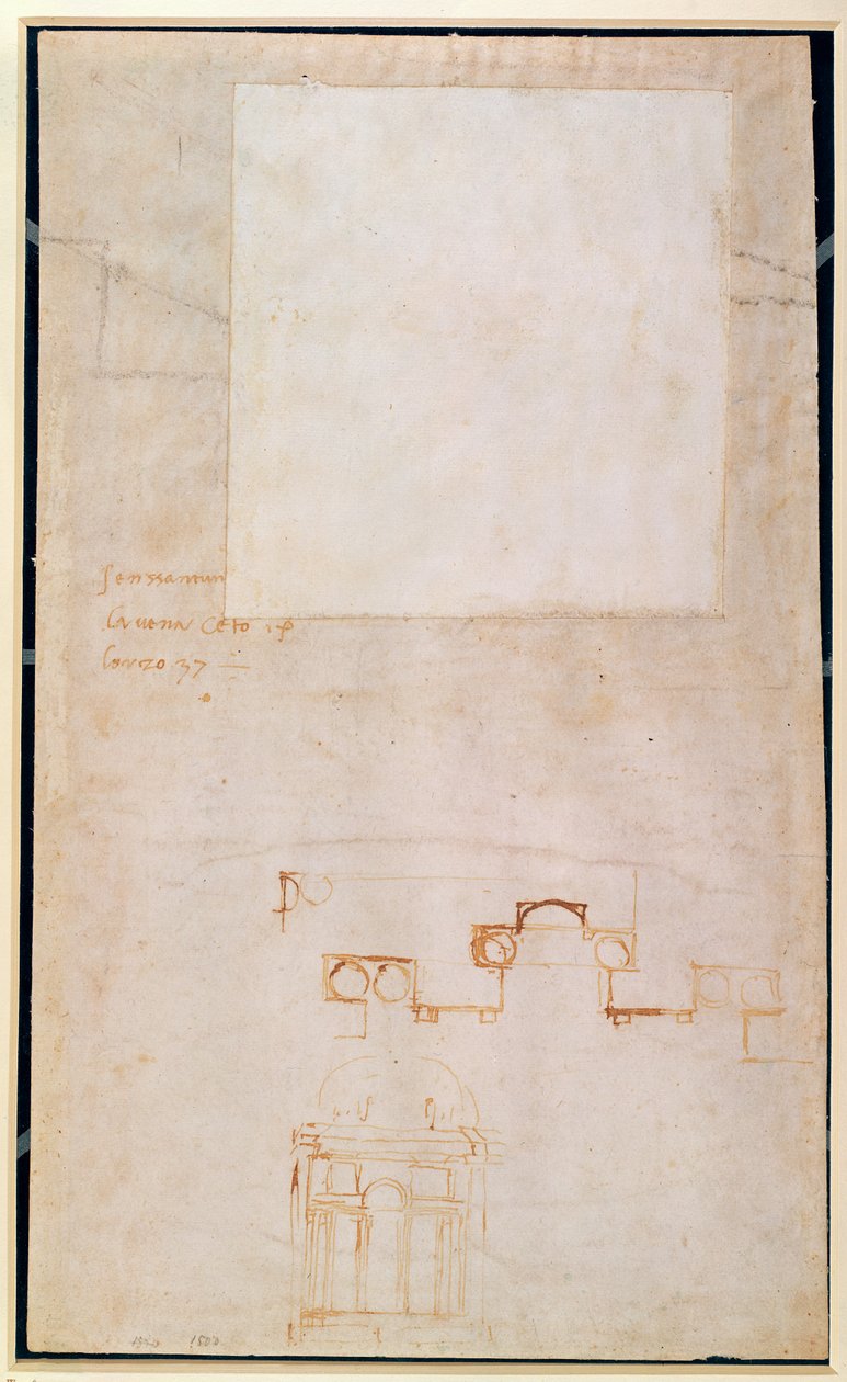 Arkitektstudie med noter (brun pen på papir) (recto)swed av Michelangelo Buonarroti
