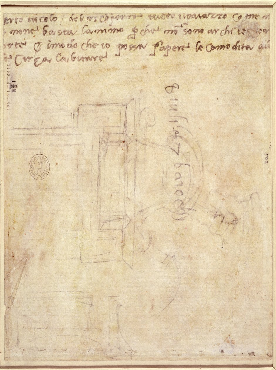 Arkitektonisk studie med anteckningar (penna och penna på papper) (verso) (för recto se 191771) av Michelangelo Buonarroti