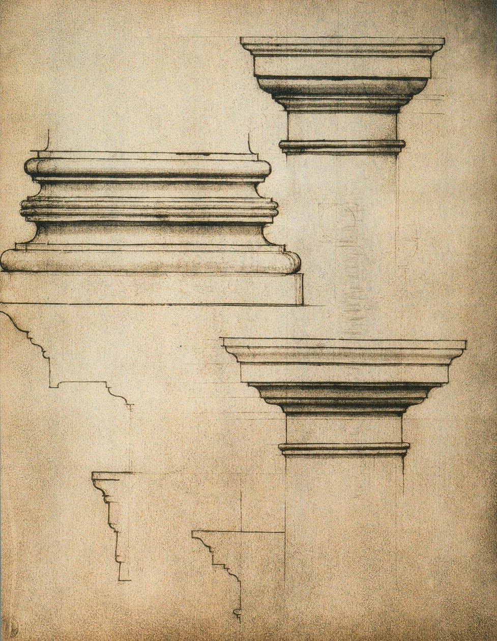 Bas och versaler i en pelare; teckning av Michelangelo. Casa Buonarroti, Florens av Michelangelo Buonarroti
