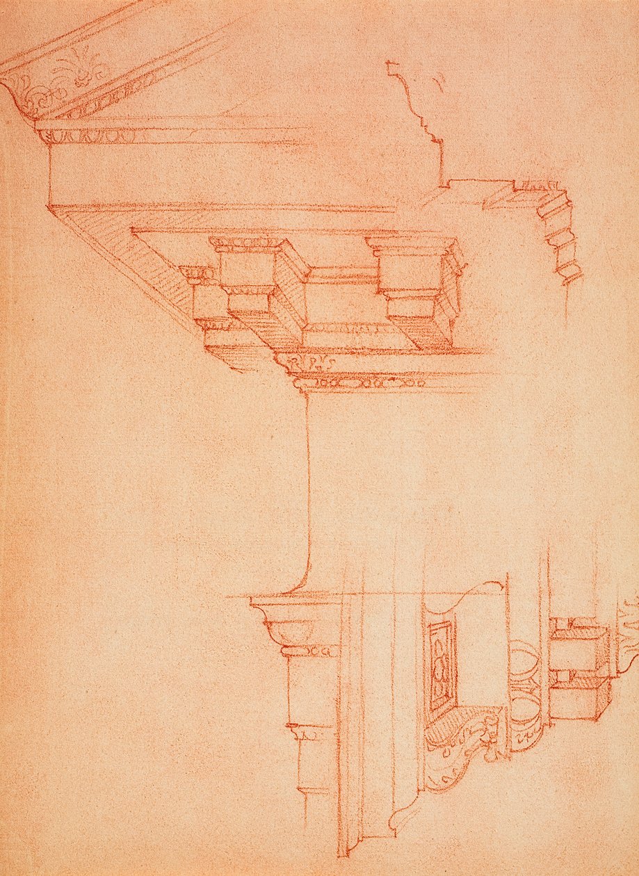 Cornice studie; teckning av Michelangelo. Casa Buonarroti, Florens av Michelangelo Buonarroti