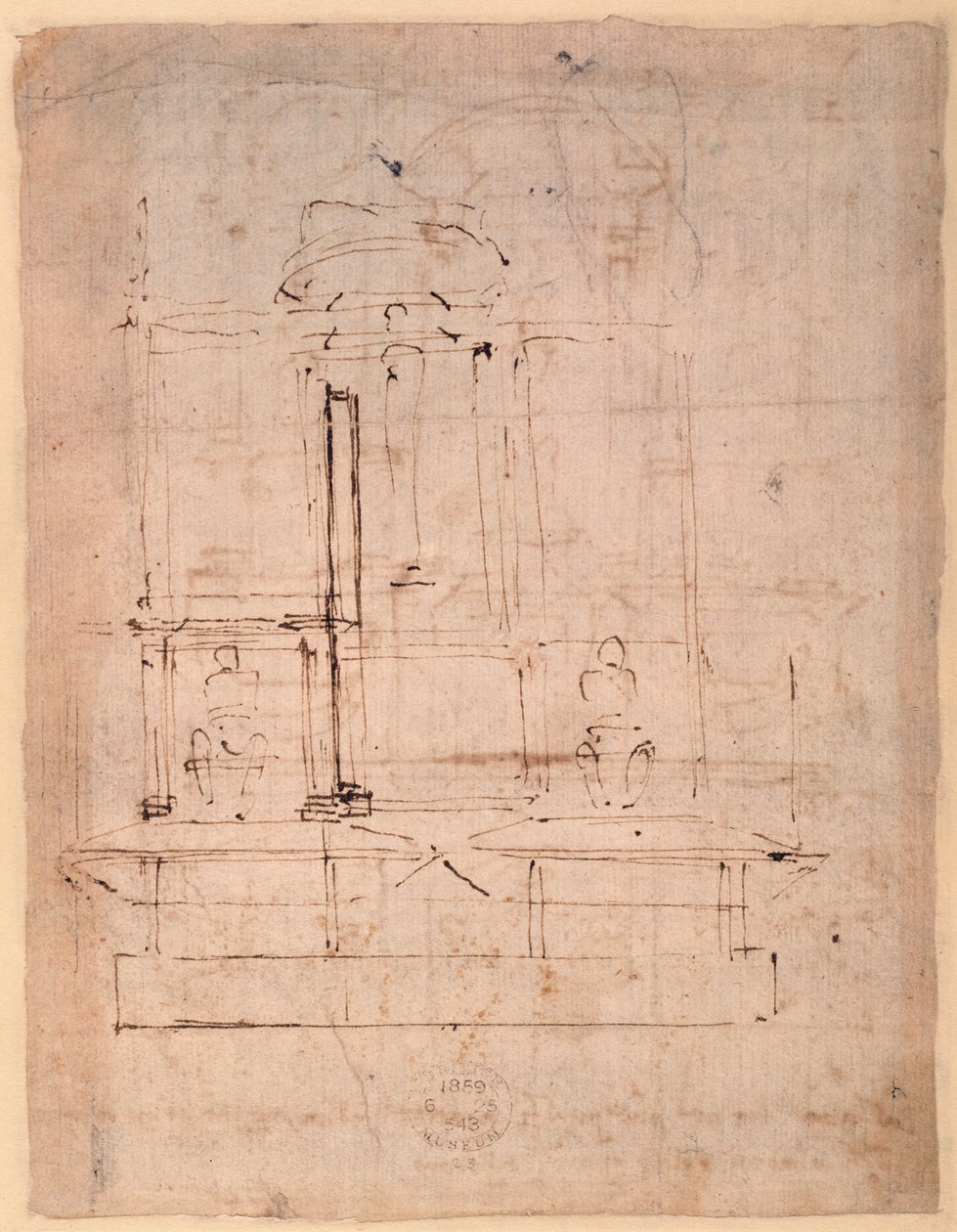 Design för graven av påven Julius II (1453-1513) (brunt bläck på papper) (verso) av Michelangelo Buonarroti