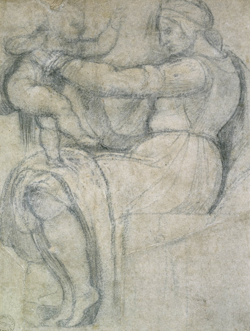 Detalj från det sixtinska taket (svart krita med inslag av vit krita på blekt gulfärgat papper) av Michelangelo Buonarroti