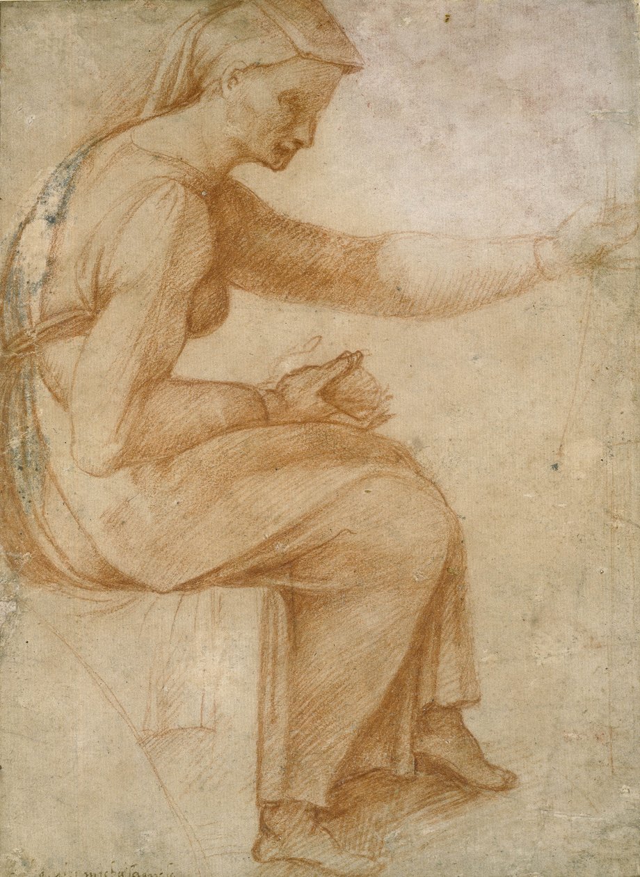 Detalj från det sixtinska taket (röd krita på blekt gulfärgat papper) av Michelangelo Buonarroti