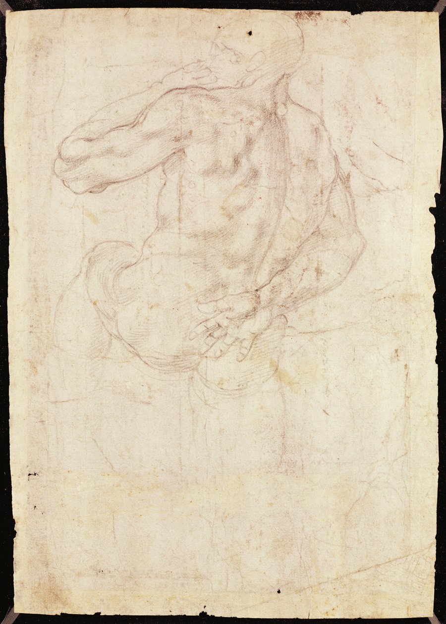 Teckning av en stående manlig figur (krita på papper) av Michelangelo Buonarroti