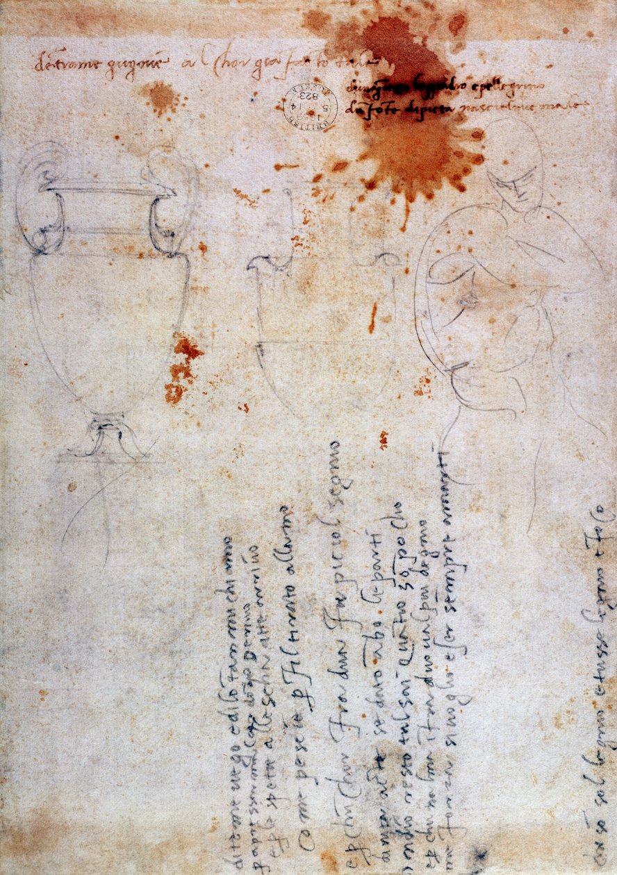 Ritning av en urna och figur med anteckningar (brunt bläck och penna på papper) (verso) av Michelangelo Buonarroti