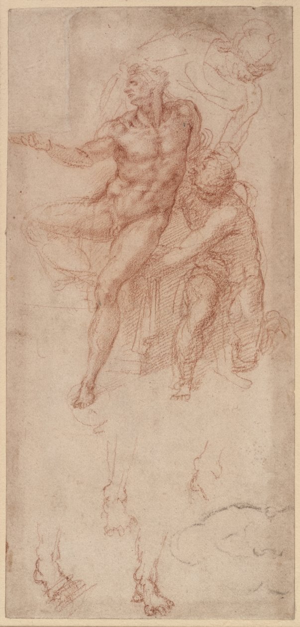 Figurstudier (röd krita på papper) av Michelangelo Buonarroti