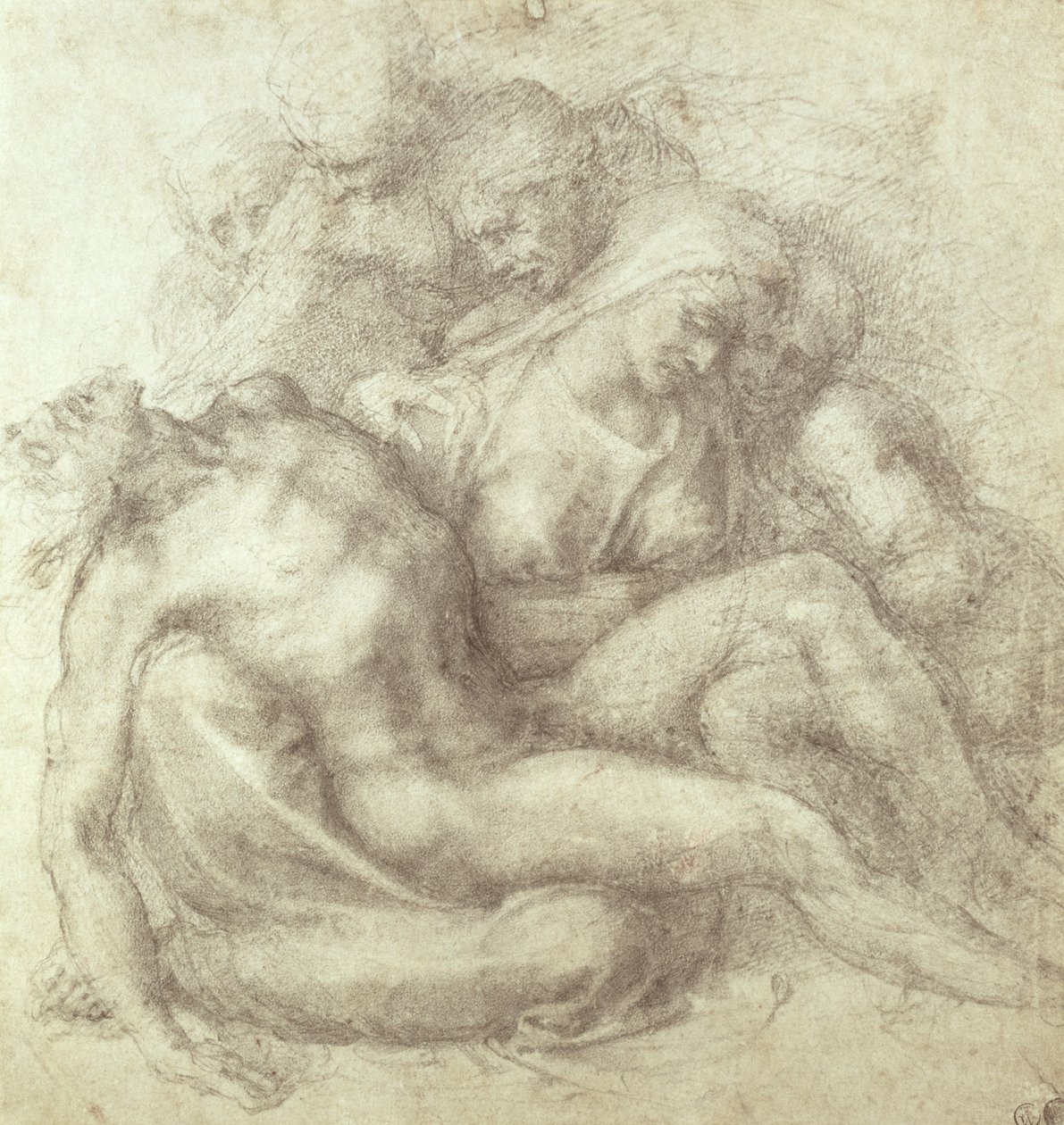 Figurer Study for the Lamentation Over the Dead Christ, 1530 (svart krita på papper) av Michelangelo Buonarroti