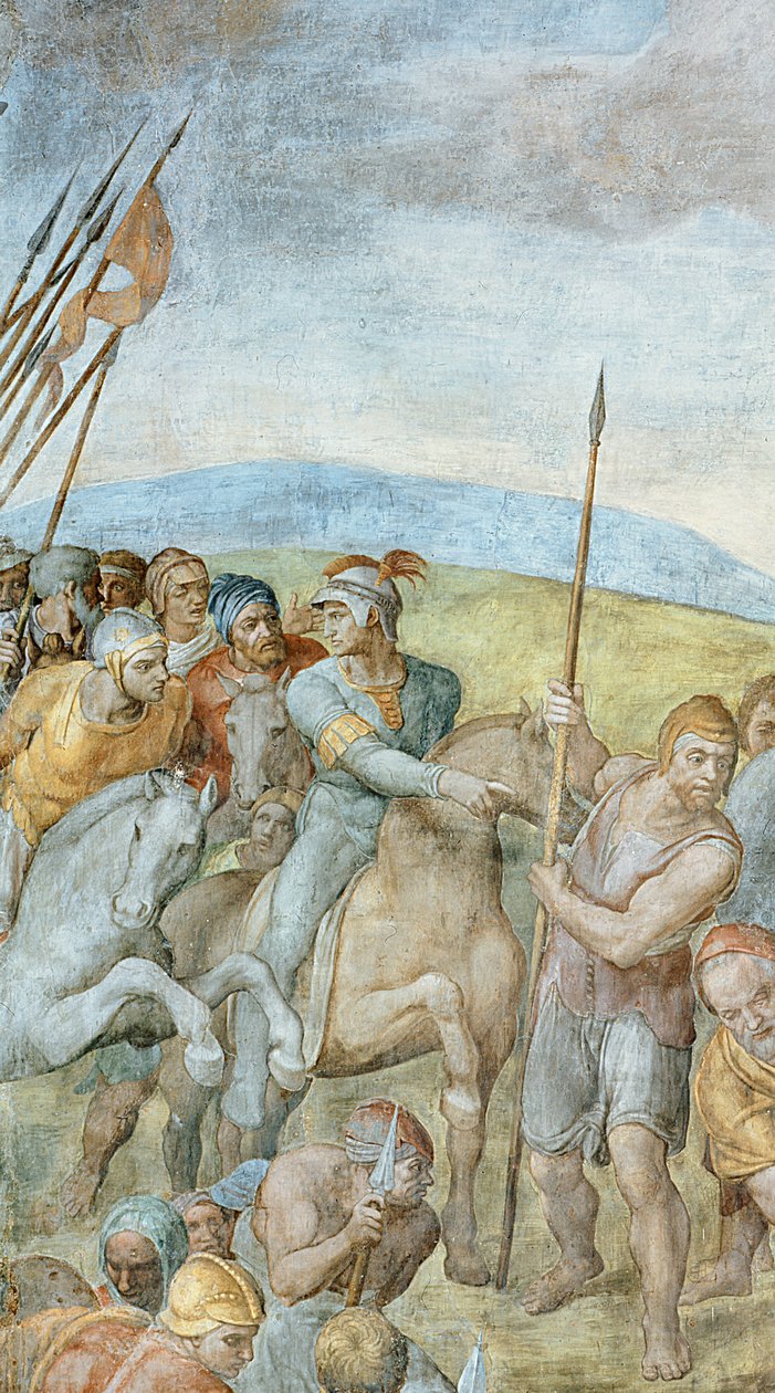 Grupp romerska soldater med deras ledare pekar mot Sankt Peter på korset, detalj av St. Peters korsfästelse, 1546-50 freskdetalj av PHD 625 av Michelangelo Buonarroti
