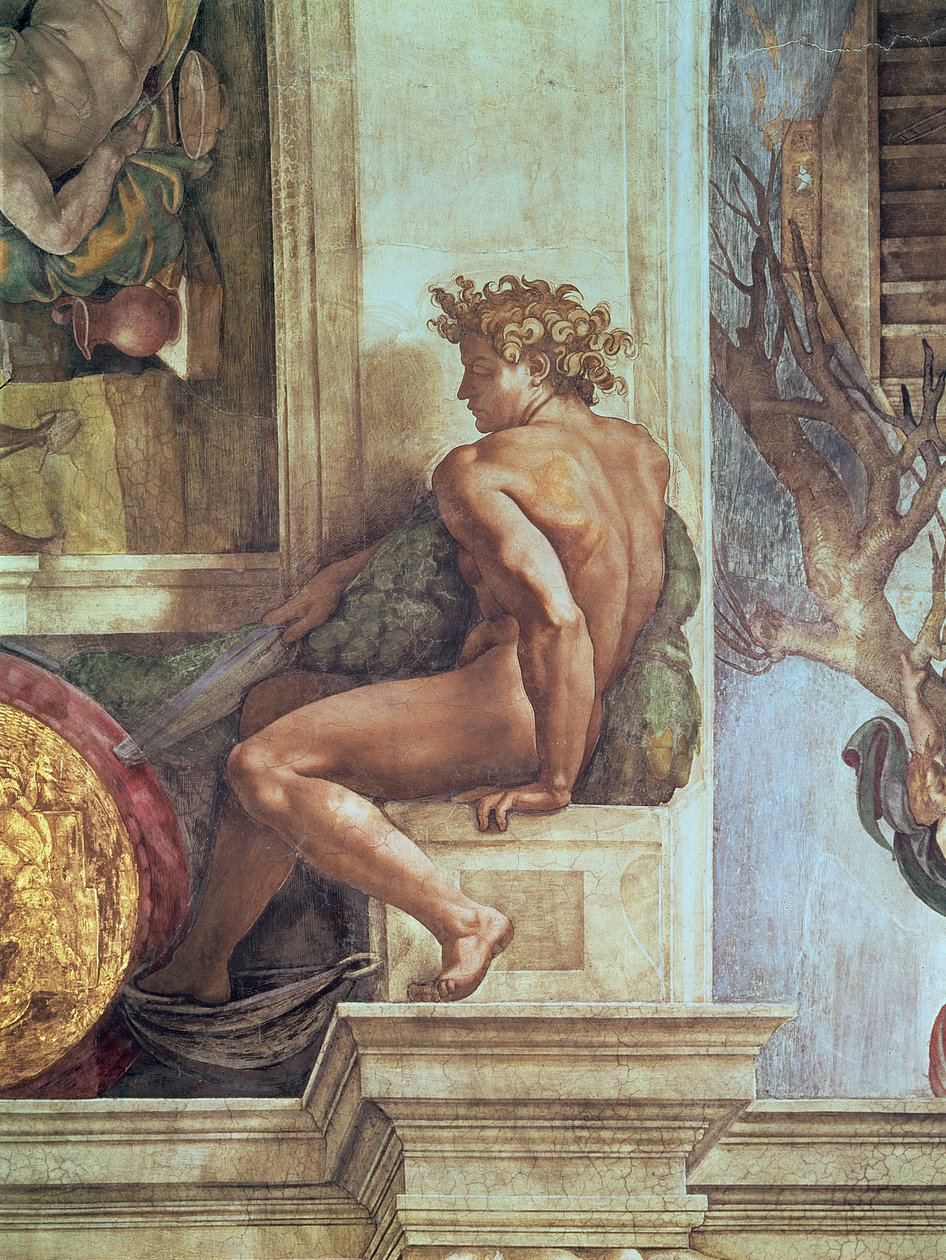 Ignudo från det Sixtinska taket (före restaureringen) av Michelangelo Buonarroti