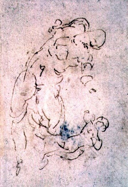 Inv. 1859 6-25-553. R. (W.56) Skiss av liggande hane och barn (röd krita) av Michelangelo Buonarroti