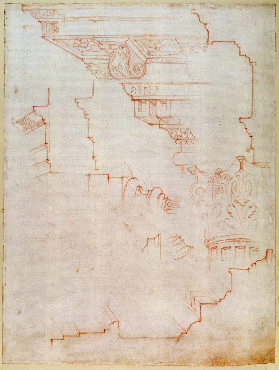 Inv. 1859 6-25-5602. R. (W.19) Ritning av arkitektoniska detaljer (röd krita) av Michelangelo Buonarroti