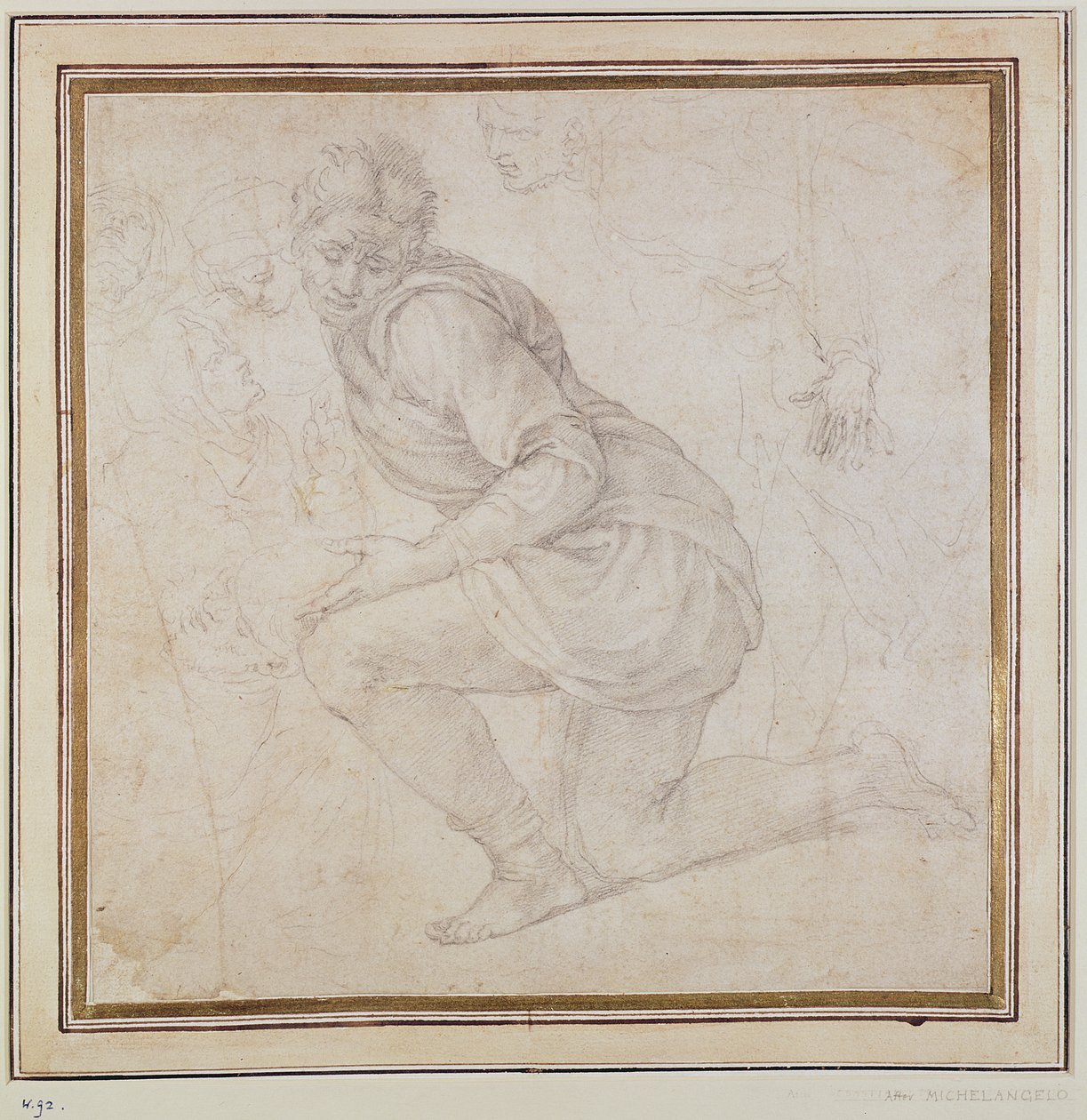 Inv. 5211-75 Fawkener Recto (W.92) Knästående man (ritning) av Michelangelo Buonarroti