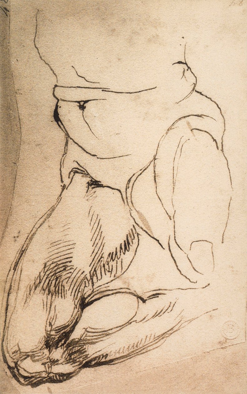 Knästående mansfigur; teckning av Michelangelo. Casa Buonarroti, Florens av Michelangelo Buonarroti