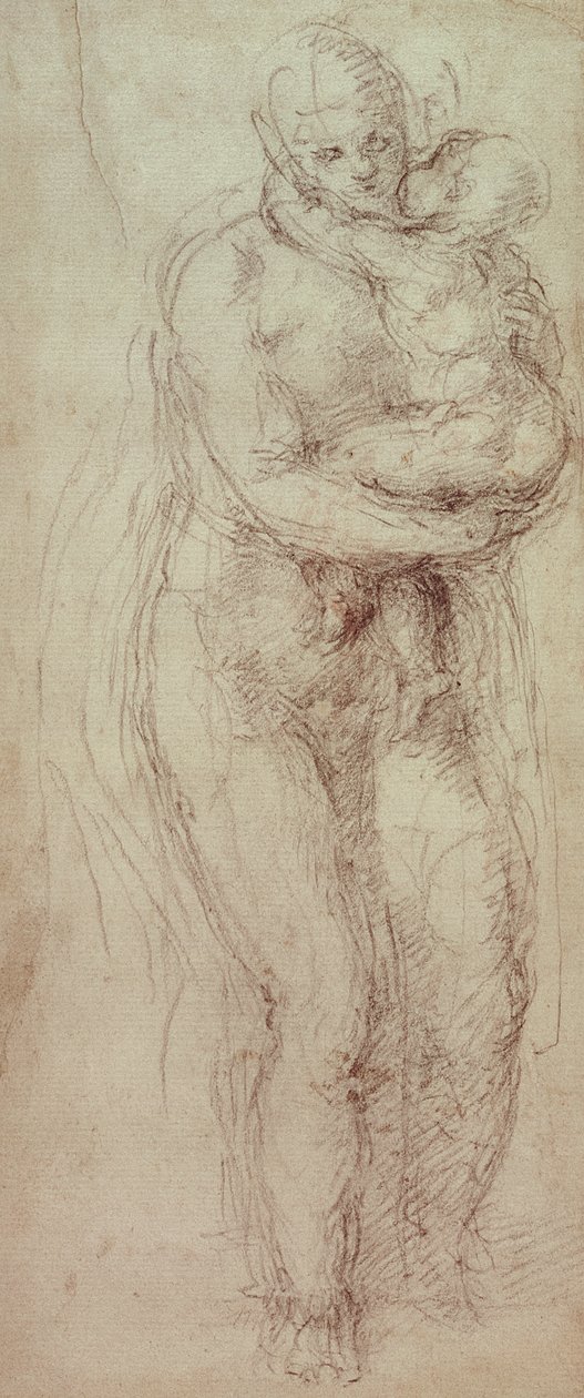 Madonna och barn (svart krita på papper) av Michelangelo Buonarroti