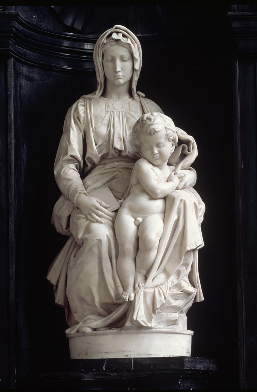 Madonna med barn, beställd 1505 av Jan van Moescroen, skänkt till kyrkan 1514 eller 1517 (marmor) av Michelangelo Buonarroti