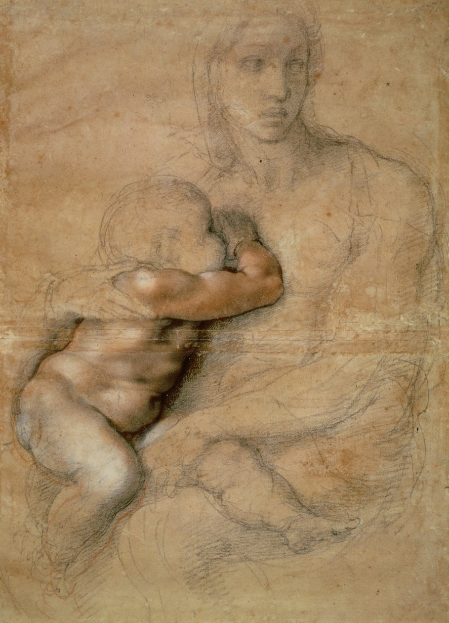 Madonna med barn, ca 1525 (blyerts och rödkrita på papper) av Michelangelo Buonarroti