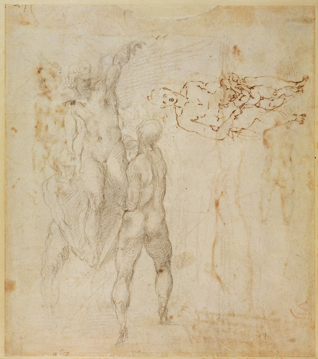 Manlig grupp och sittande figur med barn (penna och bläck, kol) av Michelangelo Buonarroti