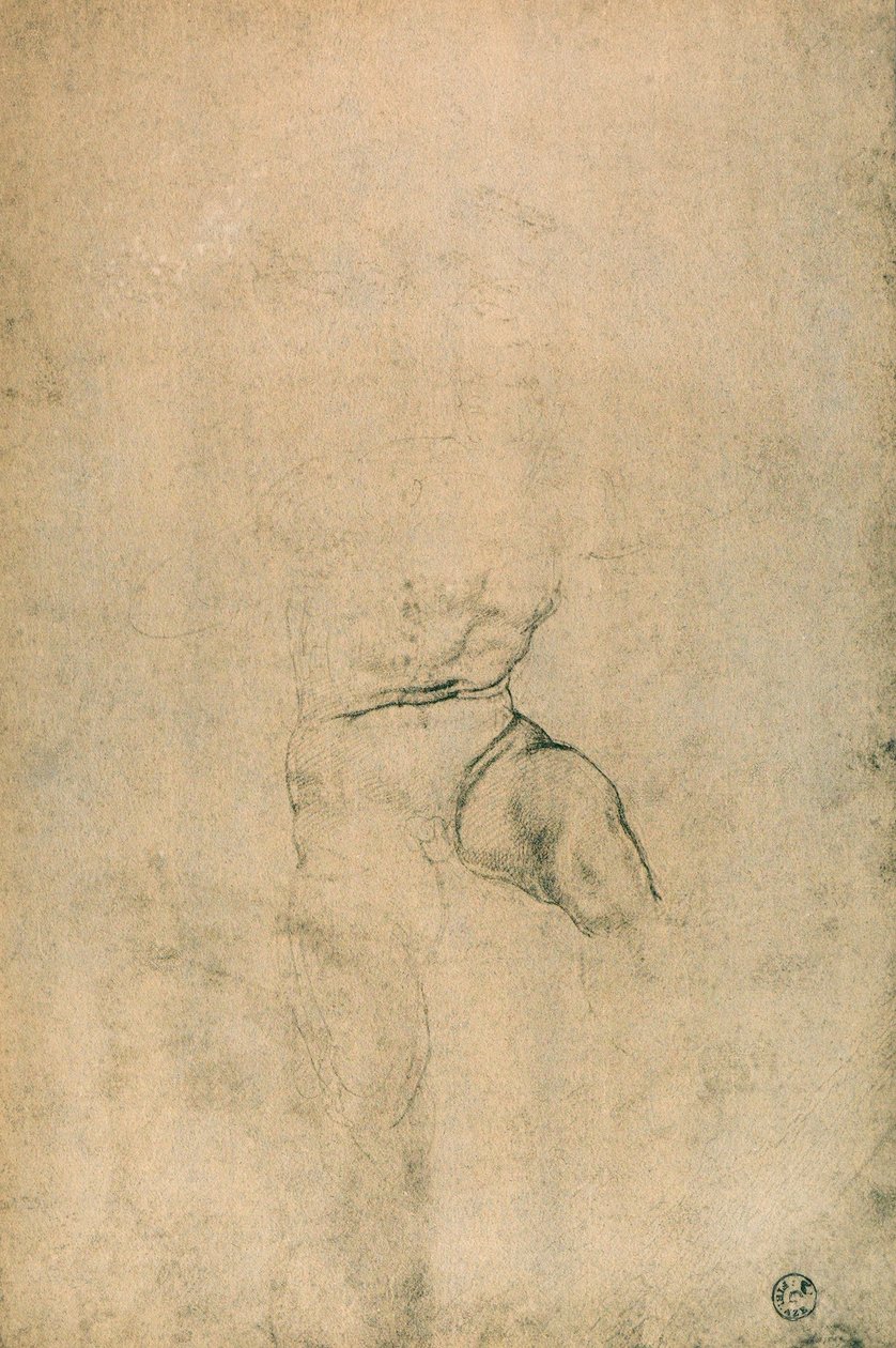 Naken man, studie av Michelangelo. Cabinet of Drawings and Prints, Uffizi Gallery, Florens av Michelangelo Buonarroti