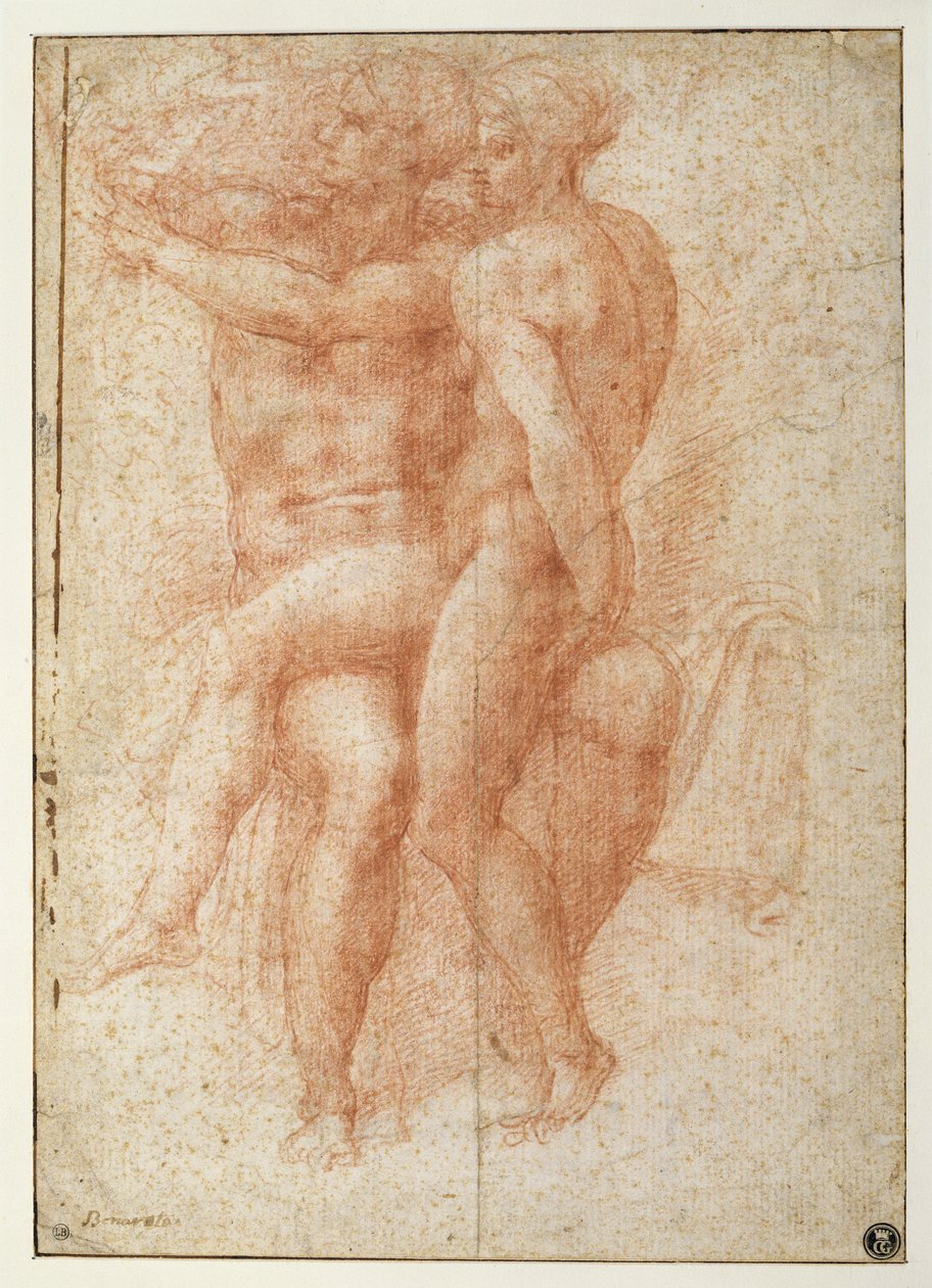 Naken kvinna sittande på knäna av en sittande naken man: Adam och Eva (sangvinskt på papper) av Michelangelo Buonarroti