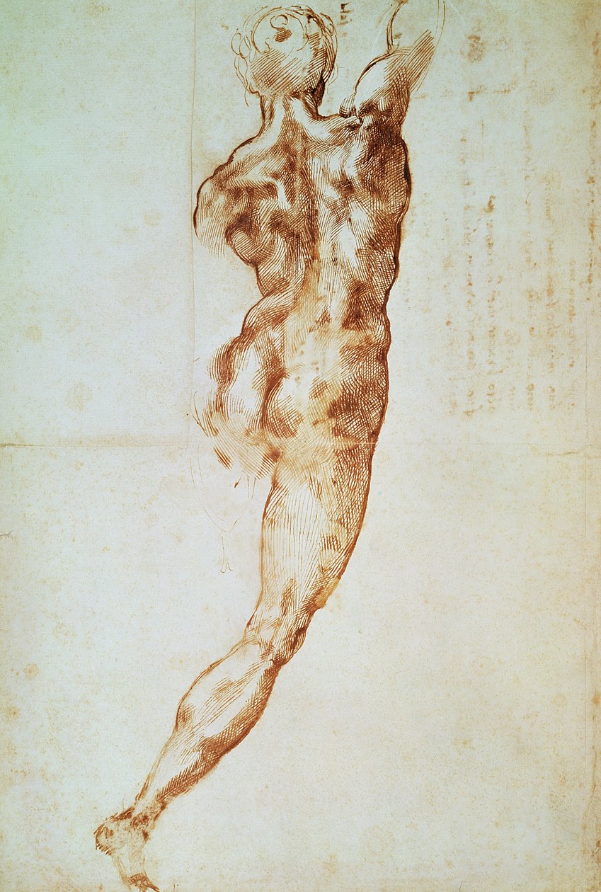 Naken, studera för slaget vid Cascina (röd krita på papper) av Michelangelo Buonarroti