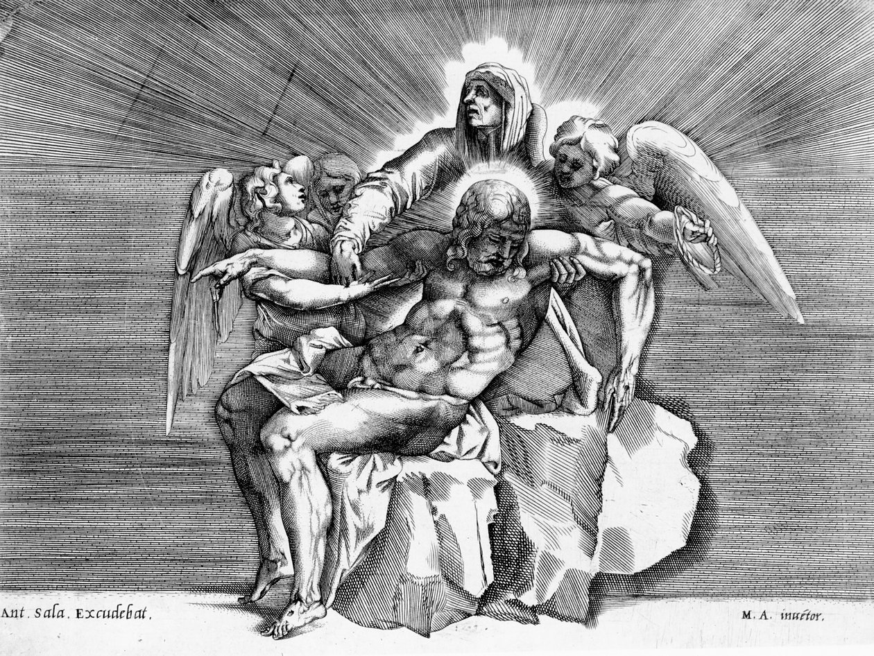 Pieta, graverad av Giulio Sanuto av Michelangelo Buonarroti