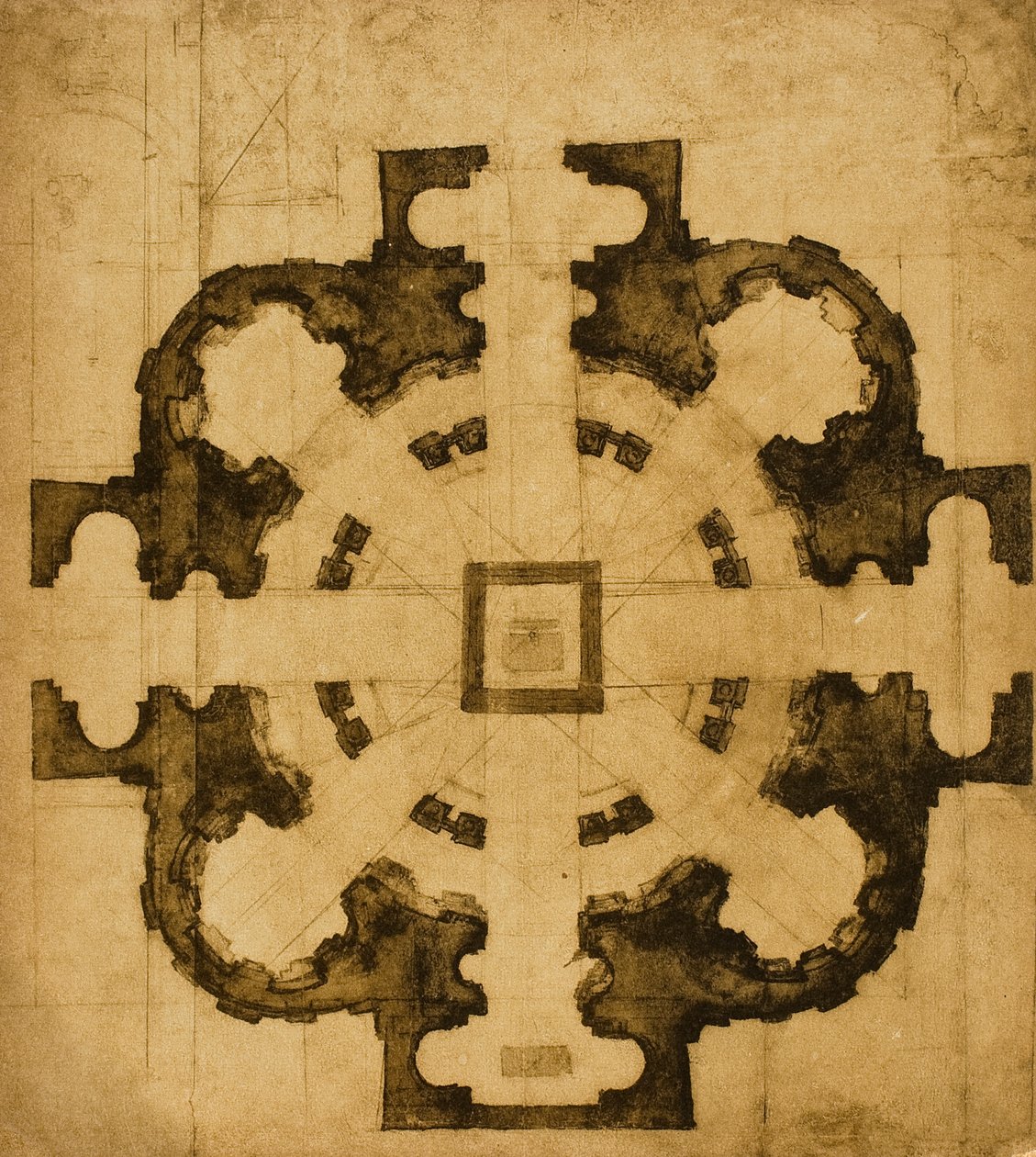 Plan eller projekt för en kyrka, ritning av Michelangelo. Casa Buonarroti, Florens av Michelangelo Buonarroti