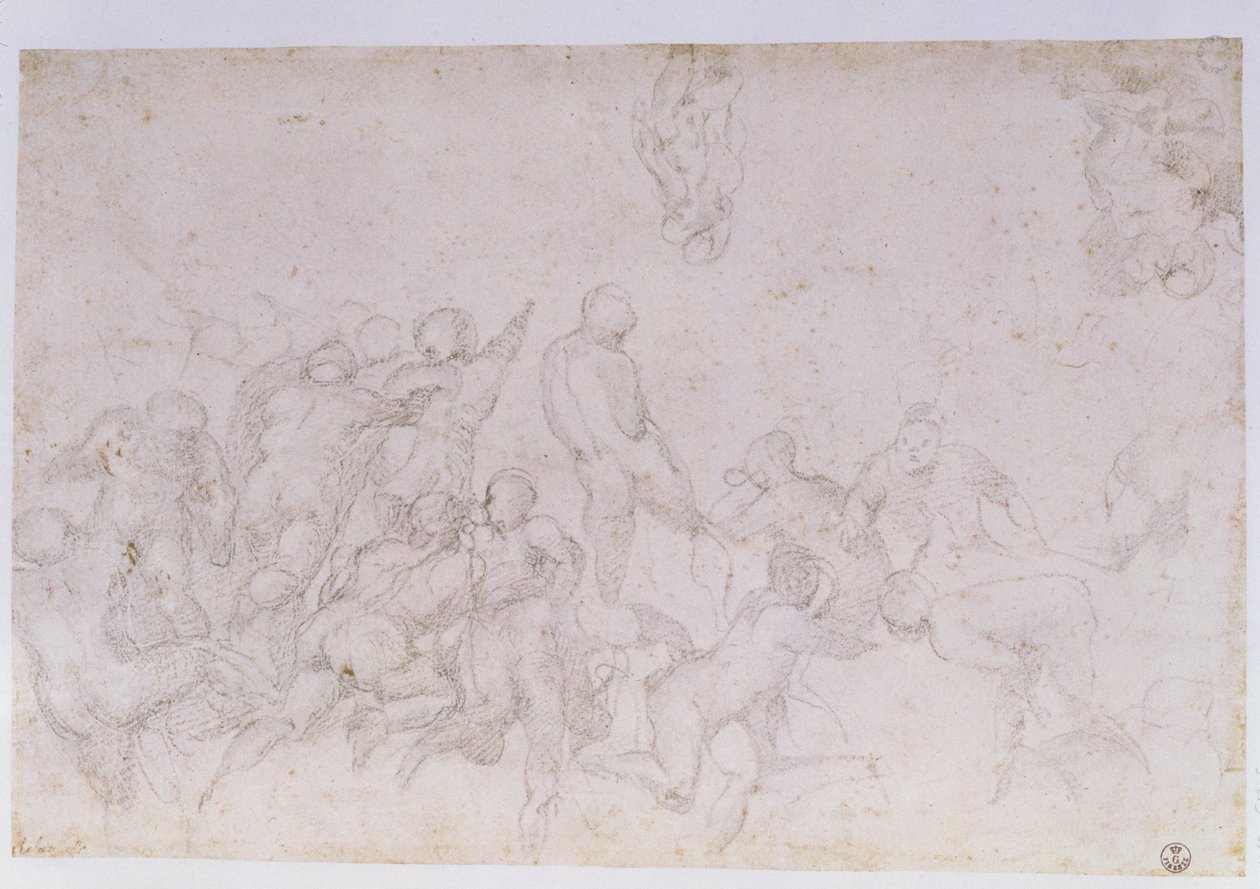 Förberedande skiss för "Slaget vid Cascina" och ytterligare två skisser (kol på papper) (se även 18057 och 49880) av Michelangelo Buonarroti